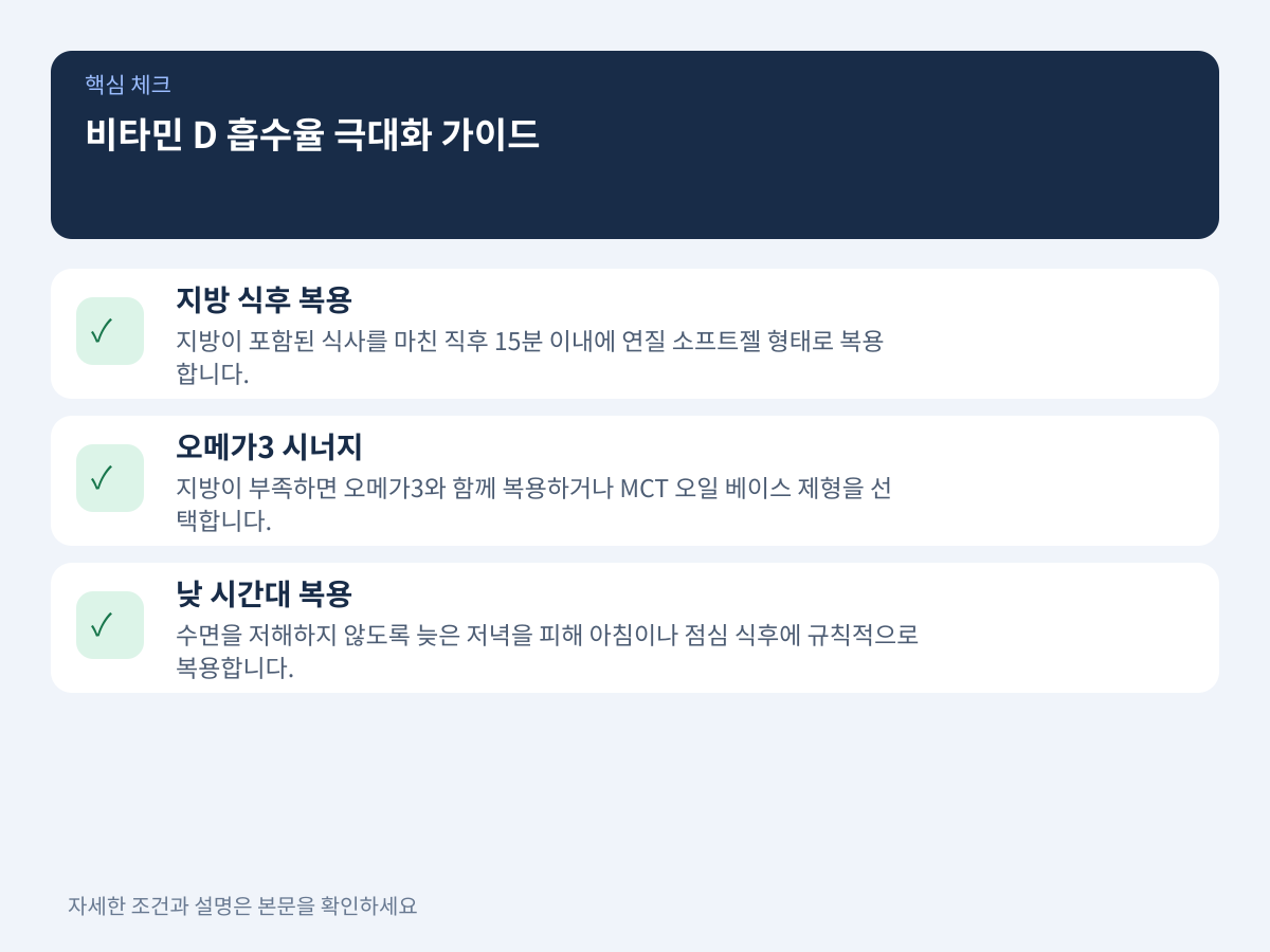 질문 3: 체내 흡수율을 극대화하는 식사 조건과 복용 타이밍은 언제인가 설명 이미지