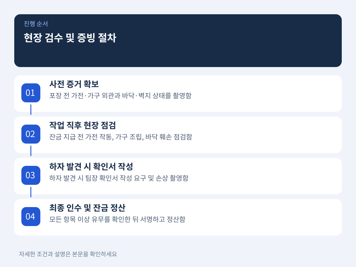 작업 완료 직후 분쟁을 방지하는 현장 검수와 증빙 확보 절차 설명 이미지