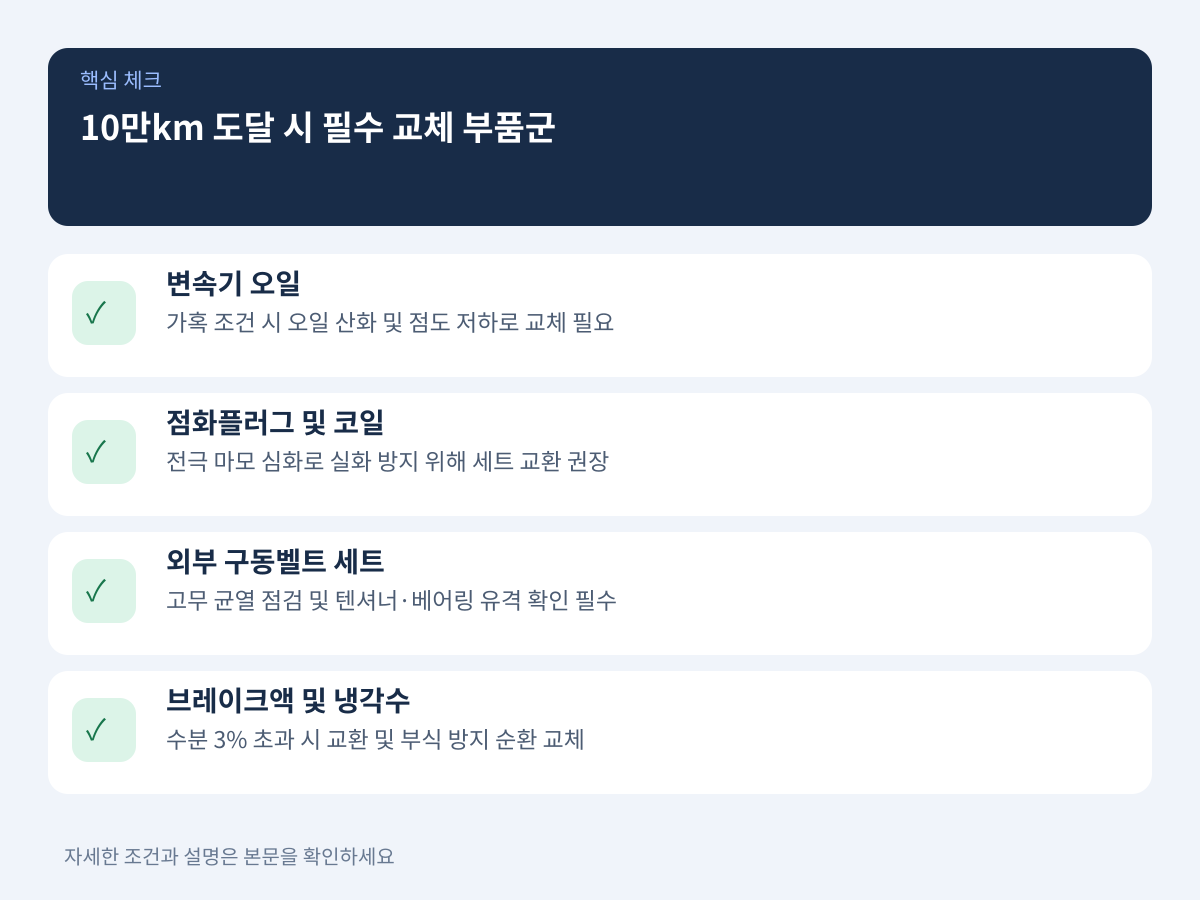 차량 내구성을 좌우하는 10만km 도달 시 필수 교체 부품군 설명 이미지