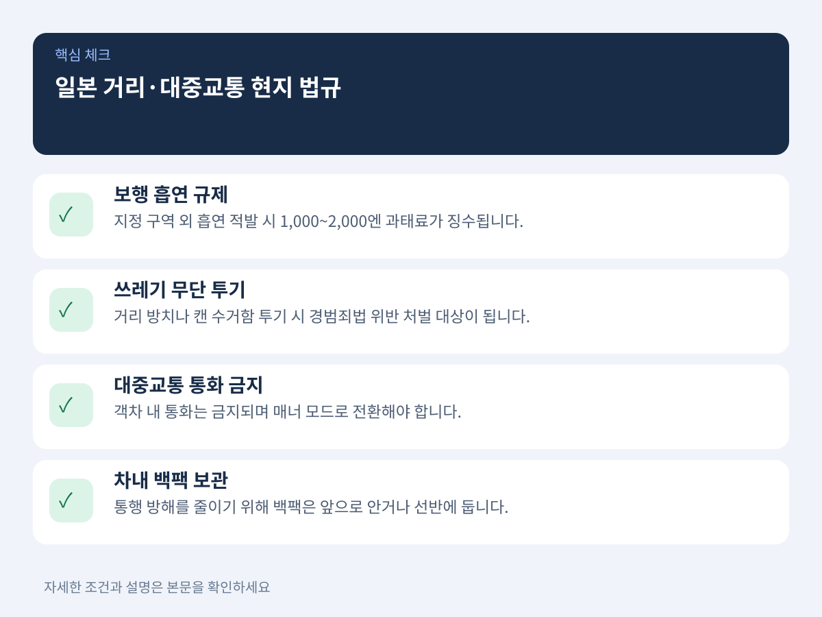 거리와 대중교통 이용 시 즉각적인 과태료가 발생하는 현지 법규는 무엇인가? 설명 이미지