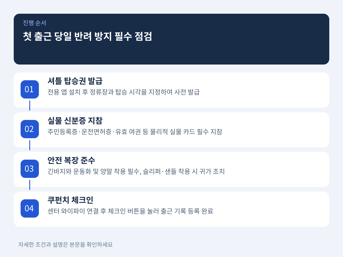 첫 출근 당일 반려 방지를 위한 탑승권과 필수 지참물 설명 이미지