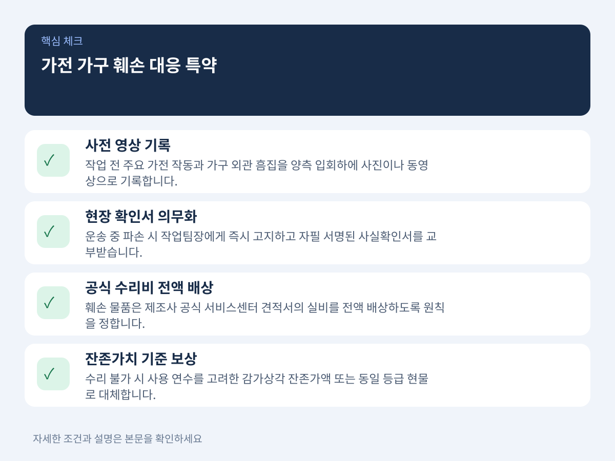 가전 및 가구 훼손 시 입증 책임을 덜어내는 사전 검수와 실비 배상 조항 설명 이미지