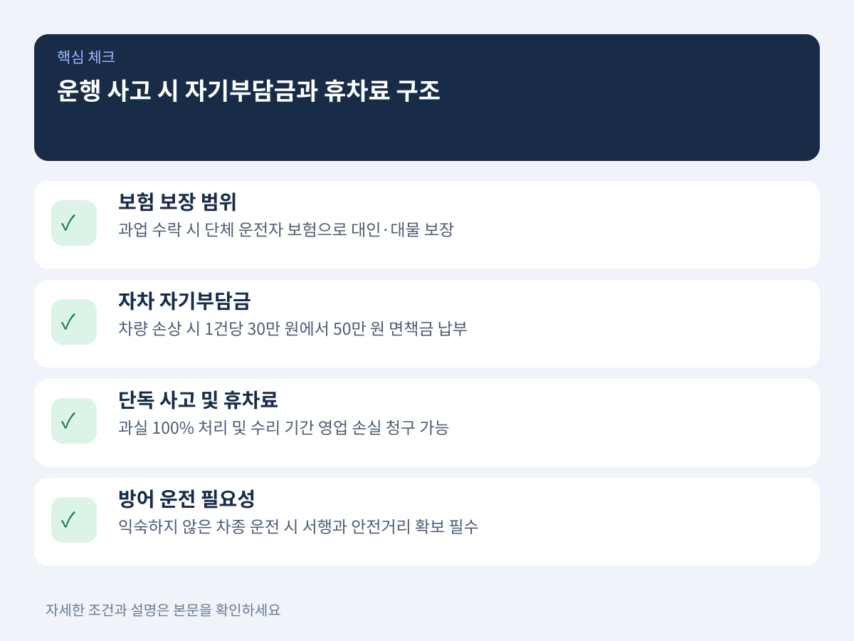 운행 사고 발생 시 자기부담금과 휴차료 적용 구조 설명 이미지