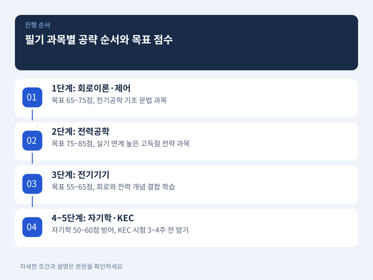 과목별 연계성에 기반한 필기 5과목 공략 순서와 목표 점수 설명 이미지