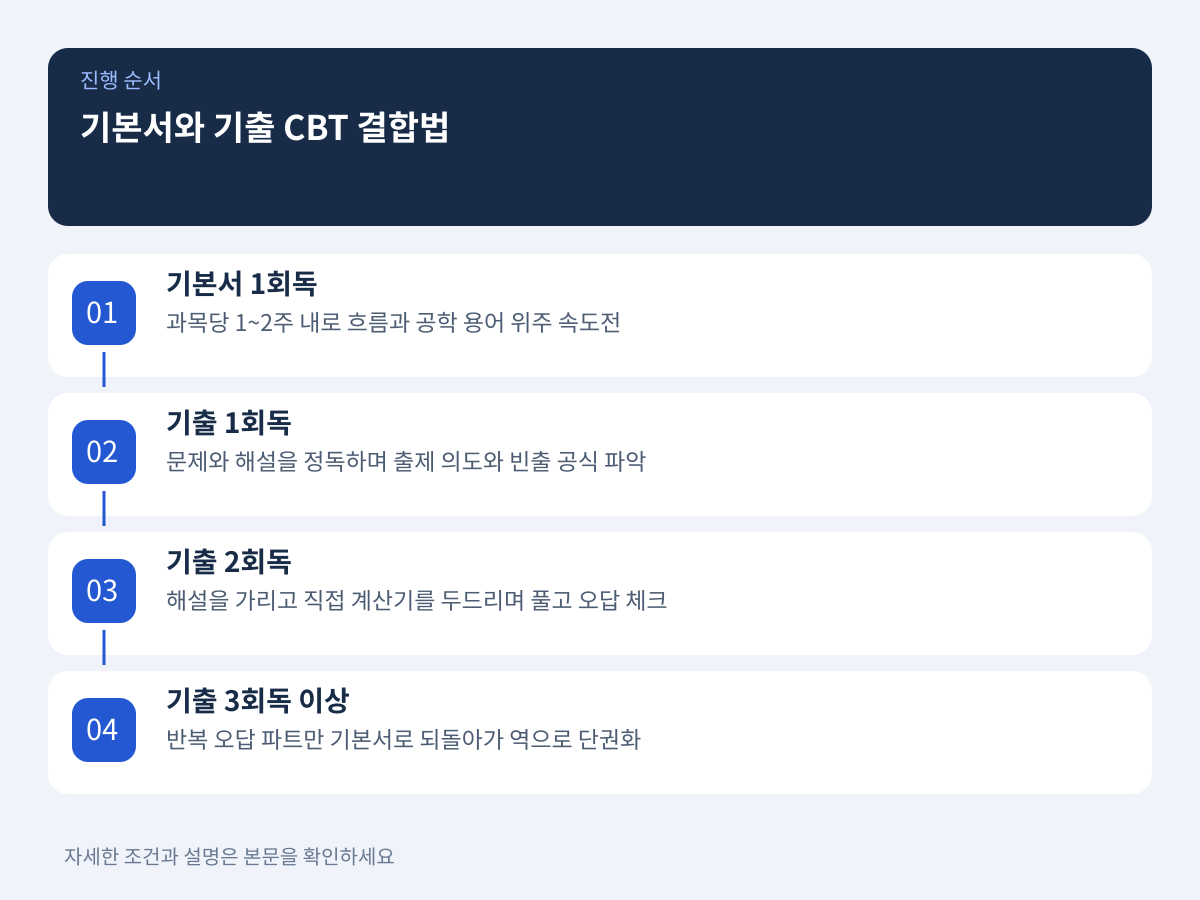 기본서 1회독과 10개년 기출 CBT 다회독 결합 방법 설명 이미지