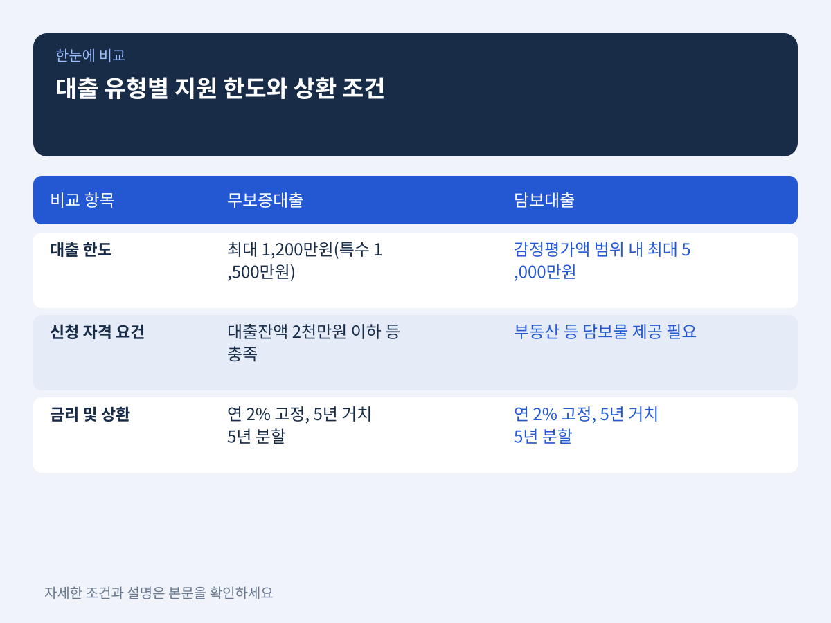 3. 대출 유형별 지원 한도와 상환 조건(무보증 vs 담보) 설명 이미지
