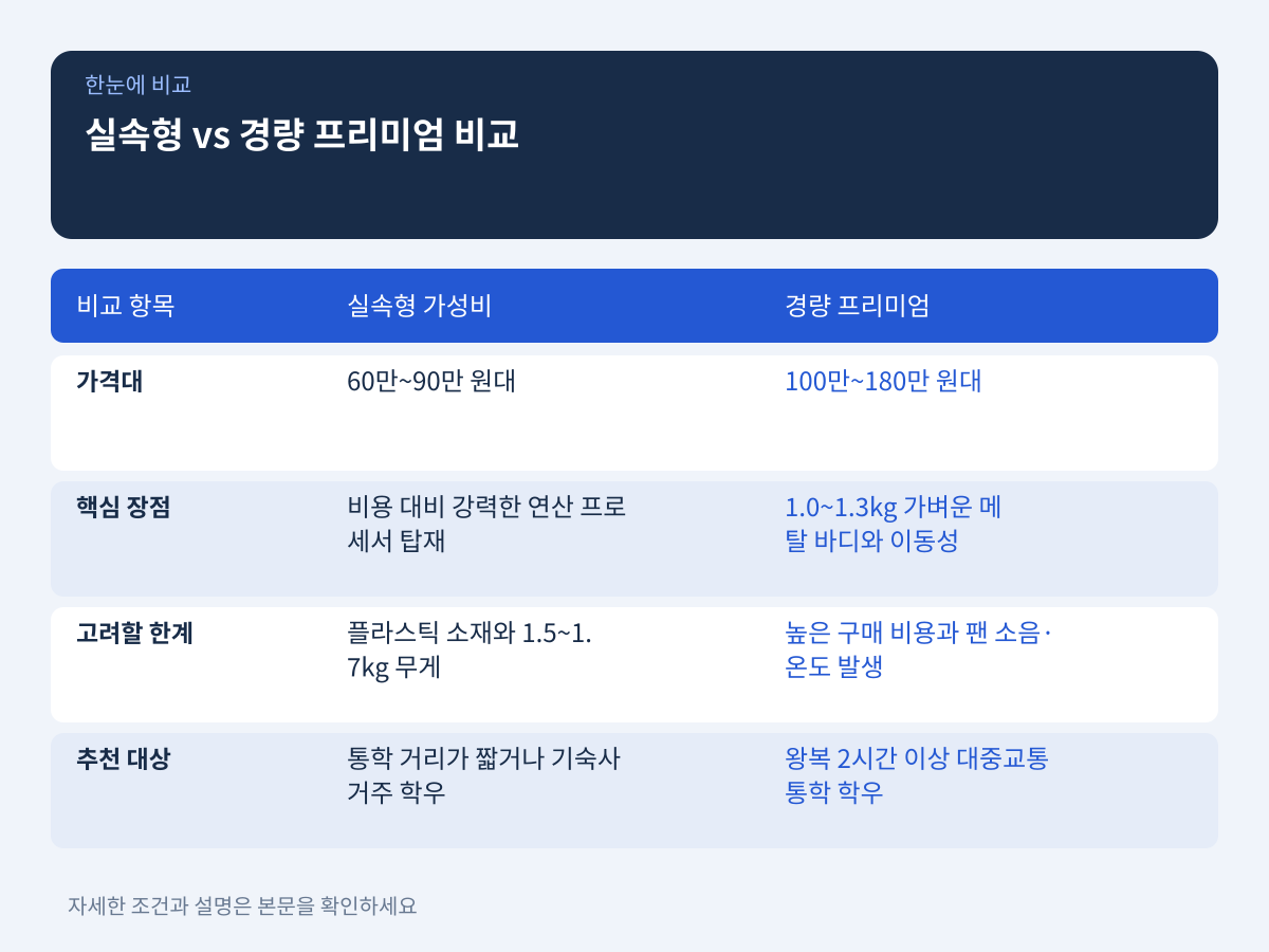 예산 범위 내에서 실속형과 경량 프리미엄 중 무엇을 선택해야 하는가 설명 이미지