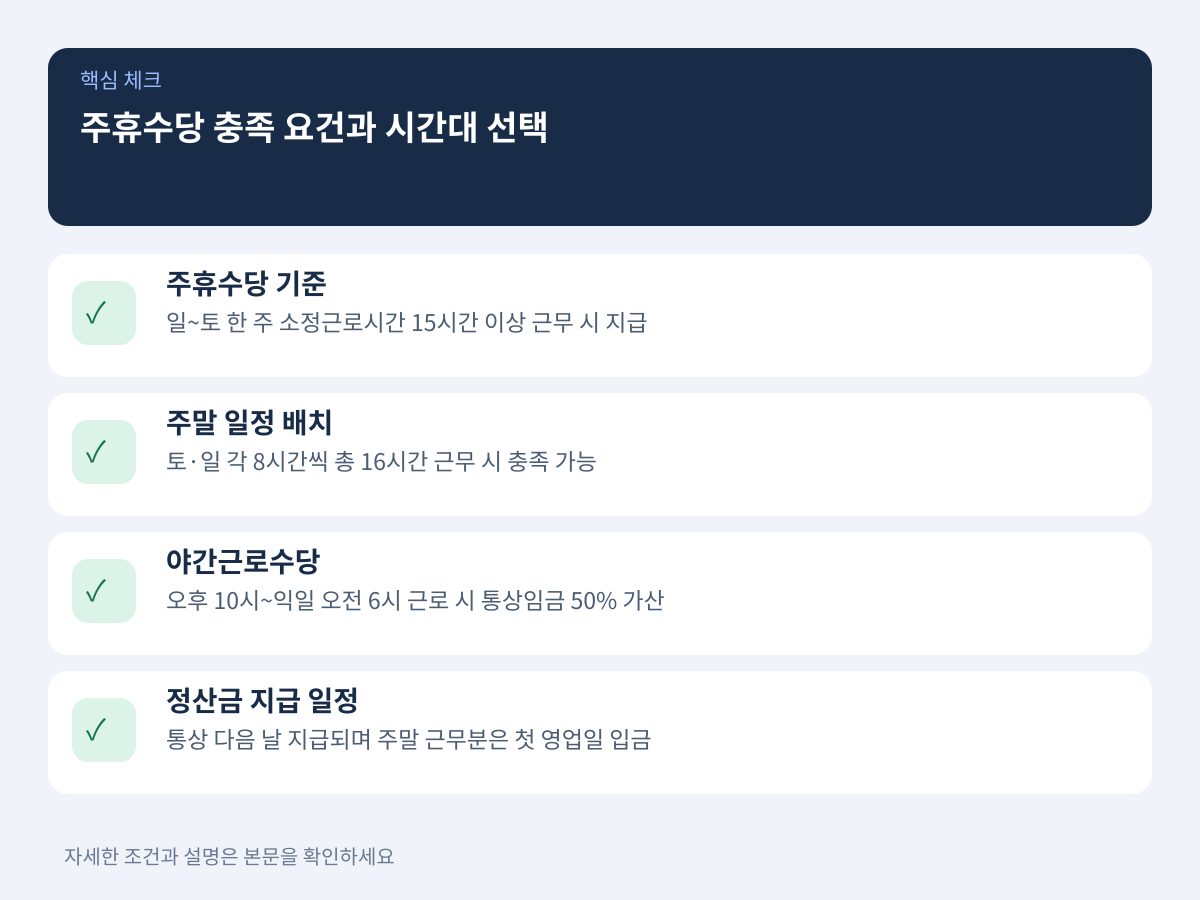 실수령액을 높이는 주휴수당 충족 요건과 시간대 선택 설명 이미지