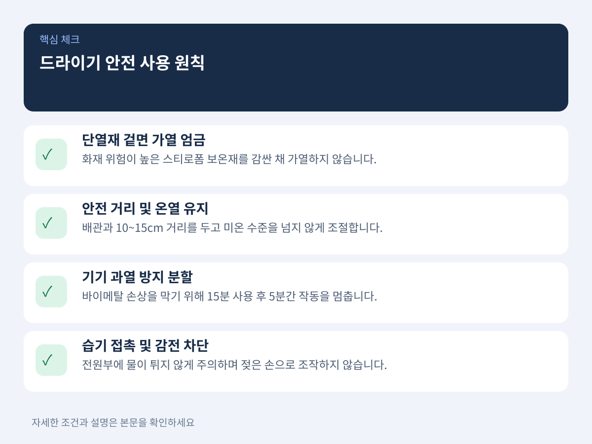 기기 고장과 화재를 예방하는 드라이기 사용 원칙 설명 이미지