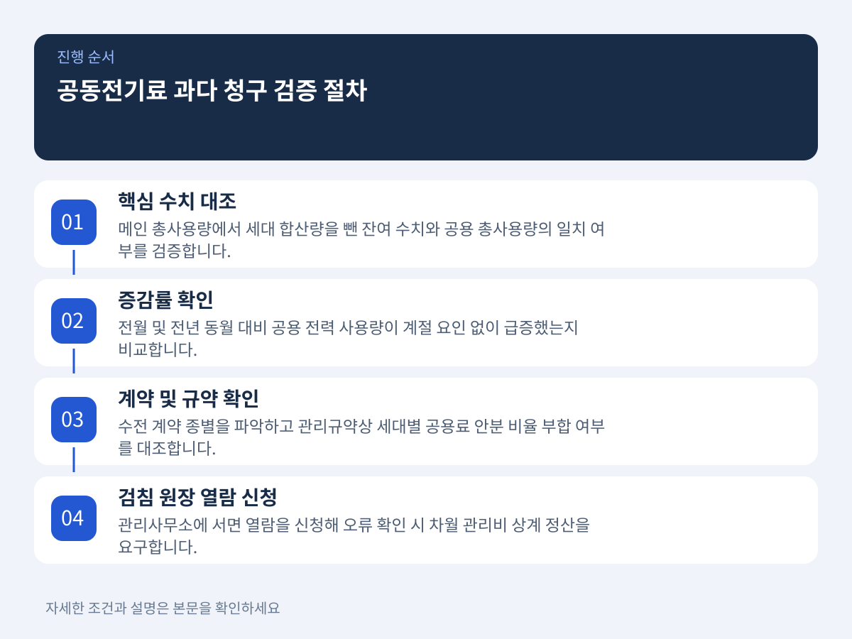 관리비 고지서의 공동전기료 과다 청구 여부를 검증하는 단계별 절차 설명 이미지