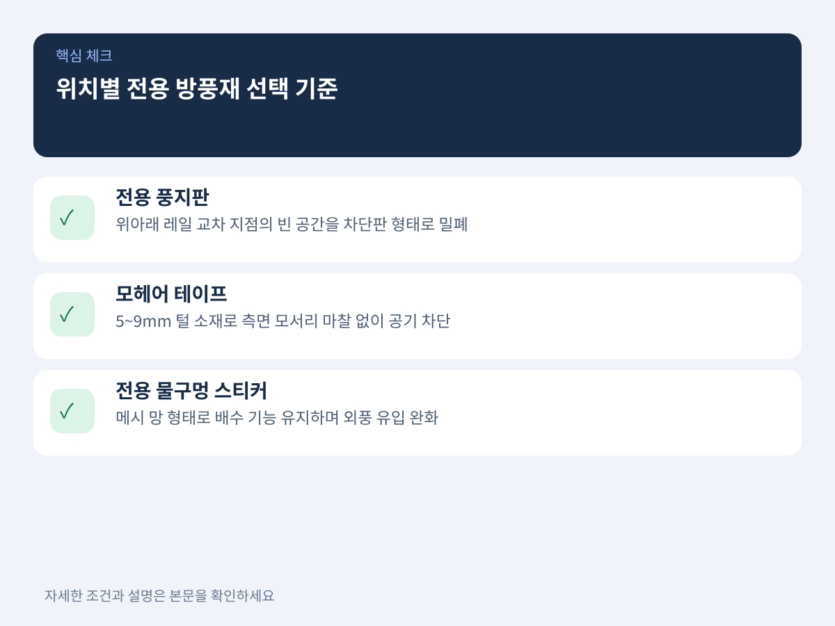 창문 개폐 기능을 저해하지 않는 위치별 전용 방풍재 선택 기준 설명 이미지
