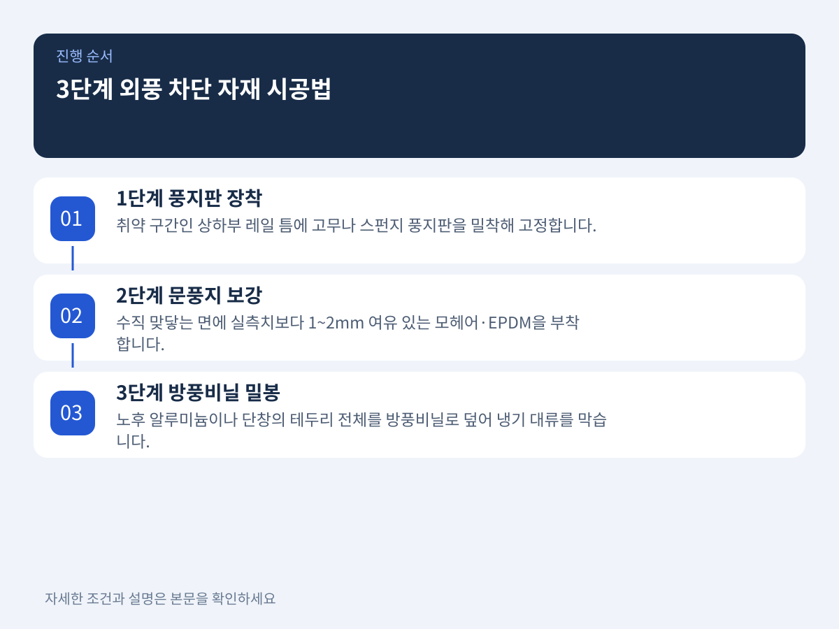 찬바람 유입 지점 확인과 3단계 외풍 차단 자재 시공법 설명 이미지