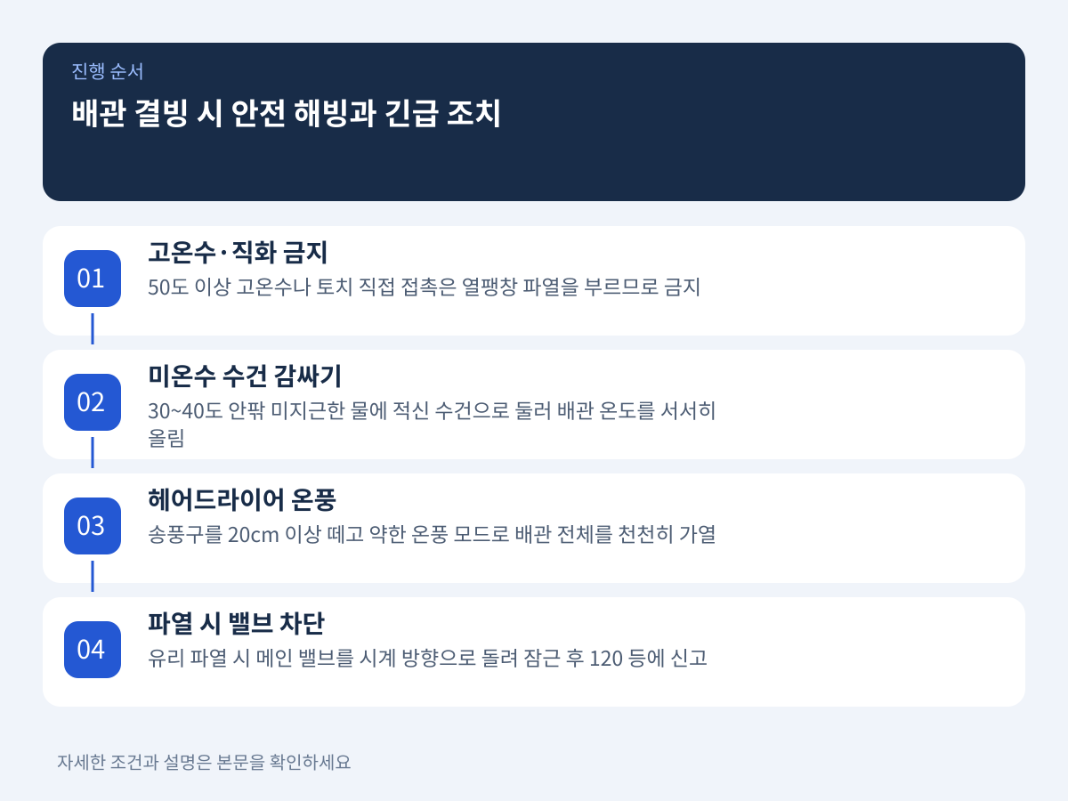 배관 결빙 시 열 충격 방지 해빙 수칙과 파손 긴급 조치 설명 이미지