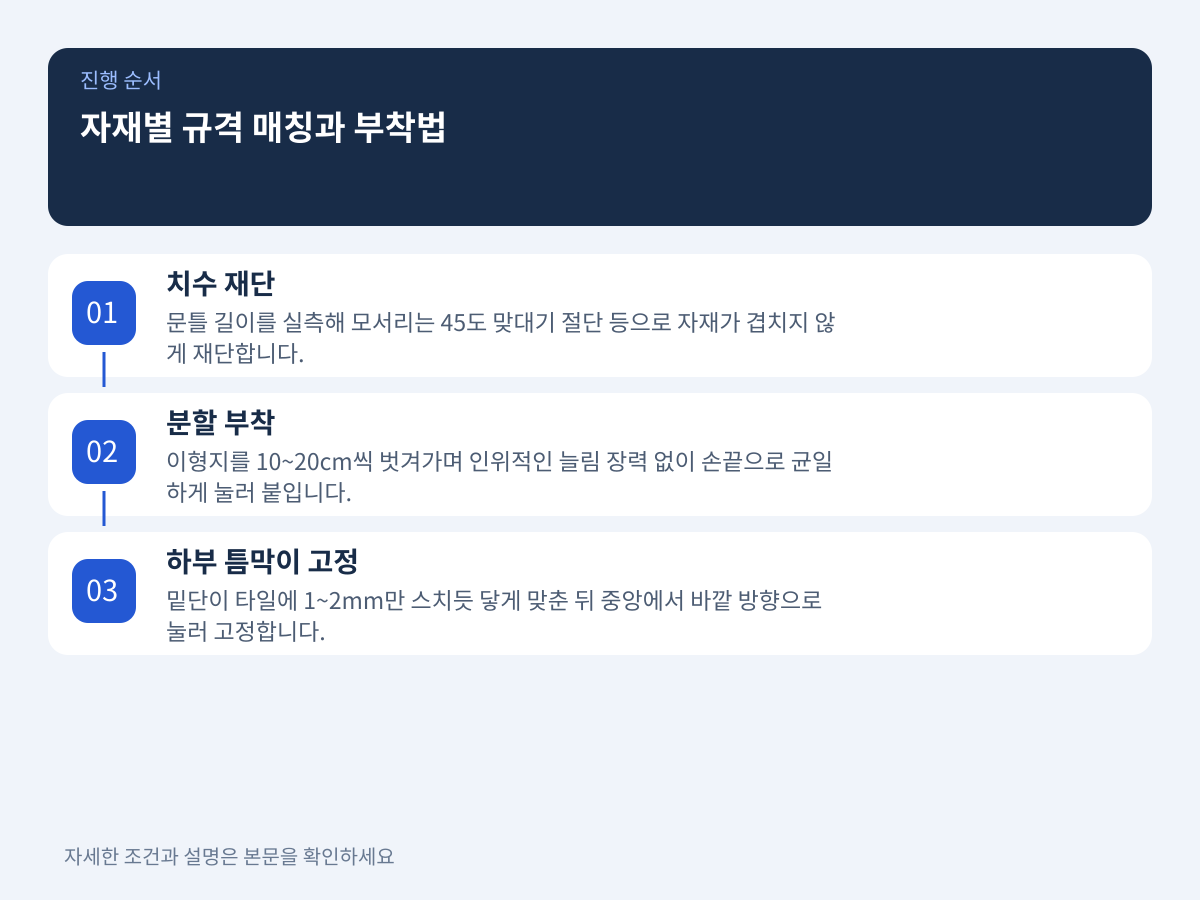 2. 자재별 규격 매칭과 부착법: 어떤 틈새에 어떤 자재를 써야 떨어지지 않는가? 설명 이미지