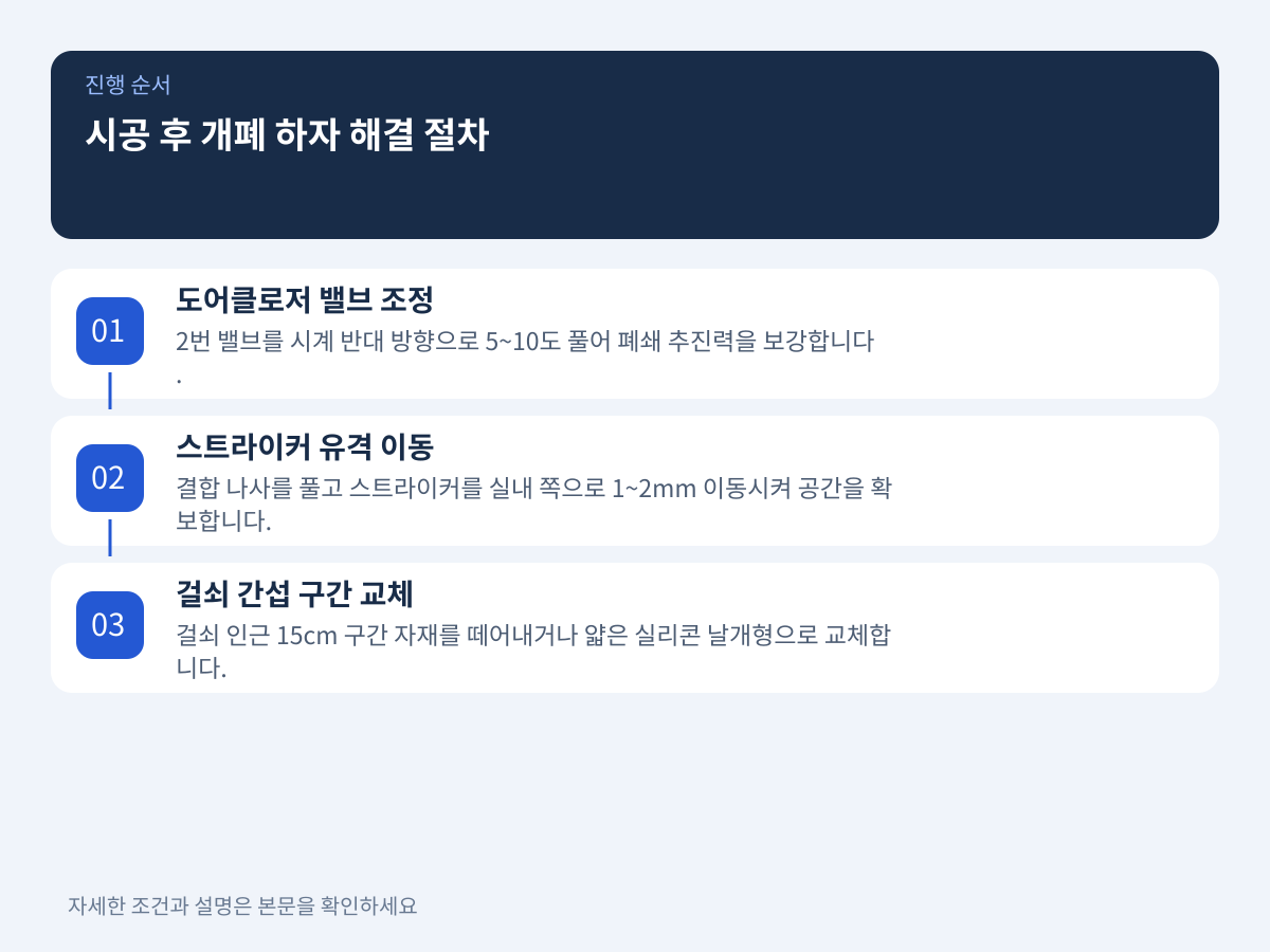 3. 개폐 하자 해결 절차: 시공 후 문이 덜 닫히거나 도어락이 걸릴 때 어떻게 조절하는가? 설명 이미지
