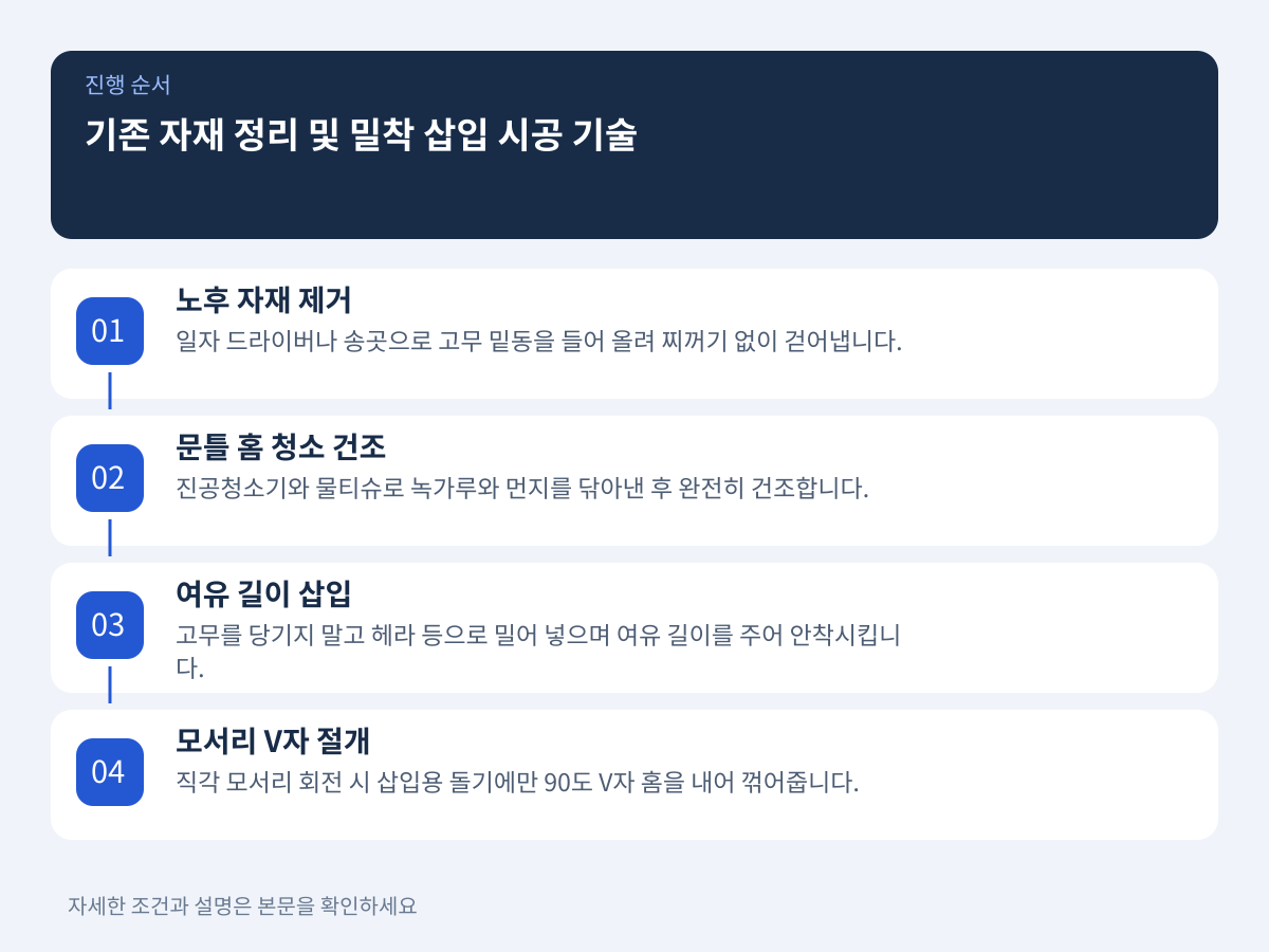 2. 기존 자재 잔여물 정리와 수축 없는 밀착 삽입 시공 기술 설명 이미지