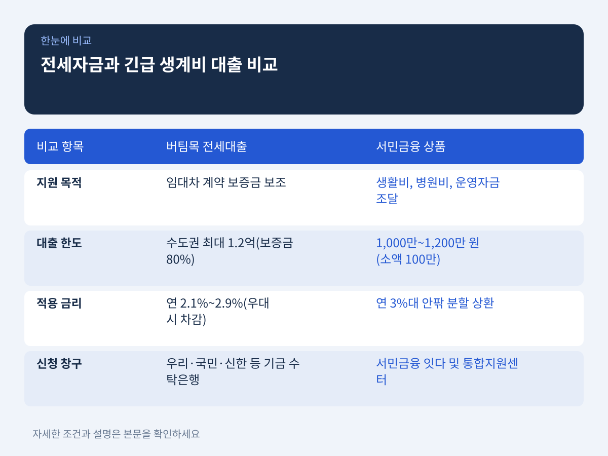 질문 2. 주거 안정을 위한 전세자금과 긴급 생계비 대출은 각각 어디서, 어떤 조건으로 신청해야 하는가? 설명 이미지